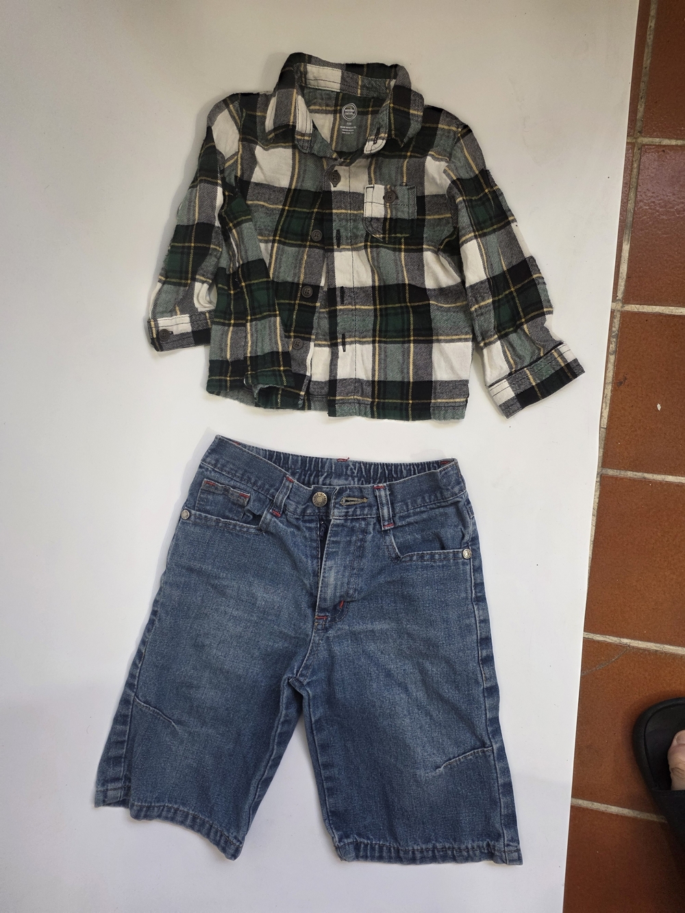 Boys Plaid Button-Up  And Transformers Tee Shirt With Jean Shorts 3pc Set.